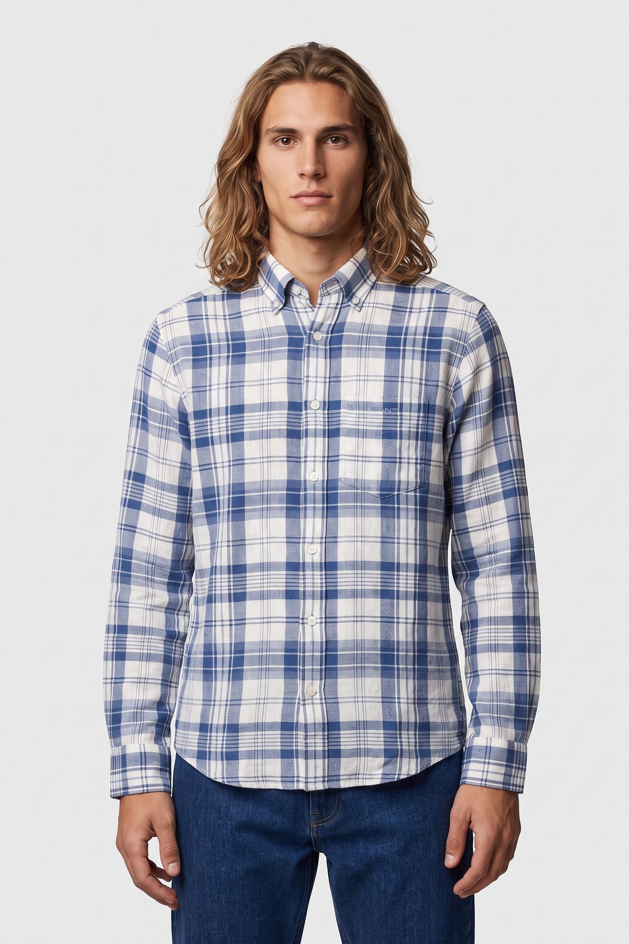 REG COTTON LINEN MADRAS CHECK VINTAGE BLUE 1