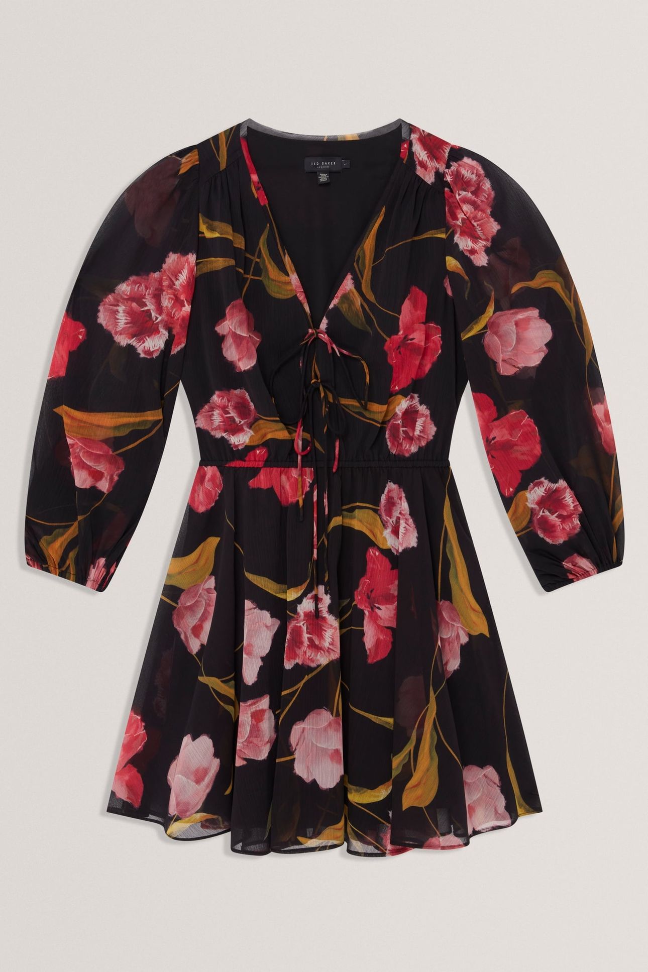 PRINTED TIE FRONT LONG SLEEVE MINI DRESS BLACK 3