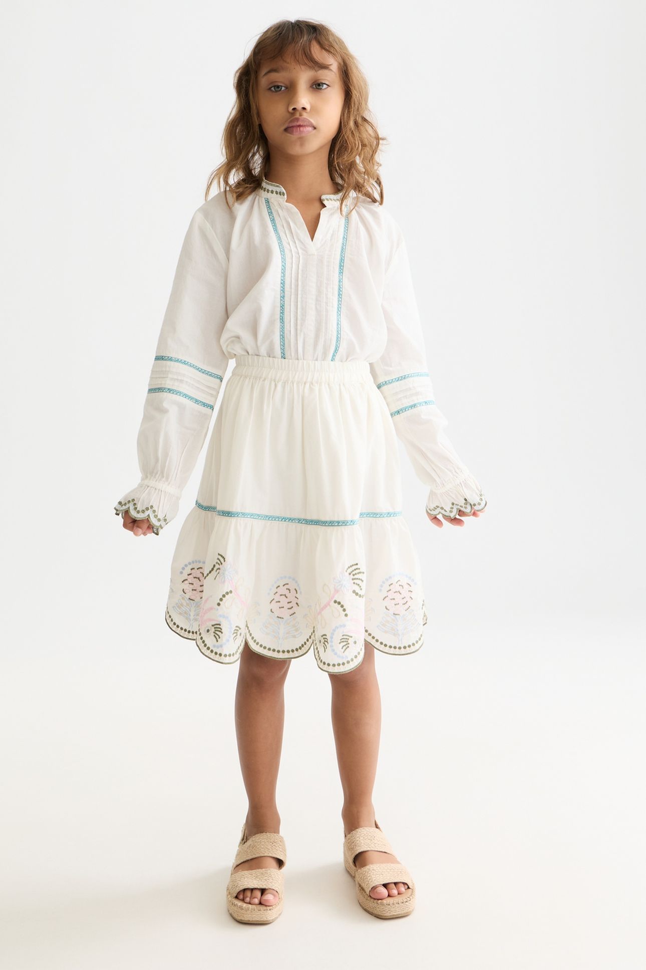 GIRLS EMBROIDERED HEM COTTON SKIRT WHITE TRADITIONAL 3