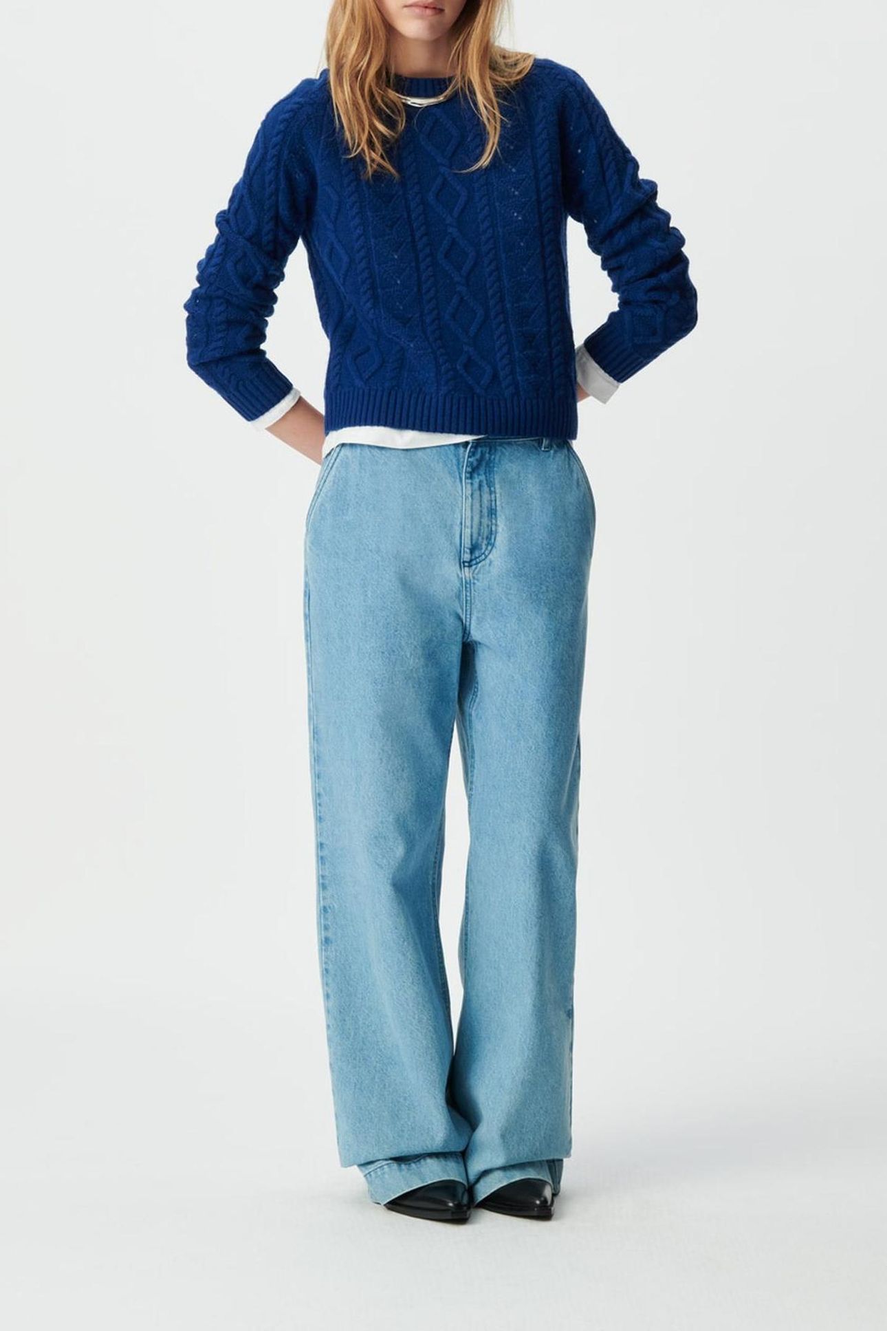 BLUE PURE WOOL SHORT SWEATER, DECORATIVE STITCH 3