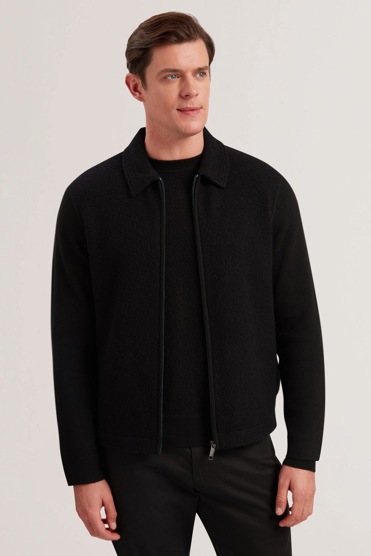 HERLING LS BOUCLE WOOL ZIP THROUGH BLACK 1