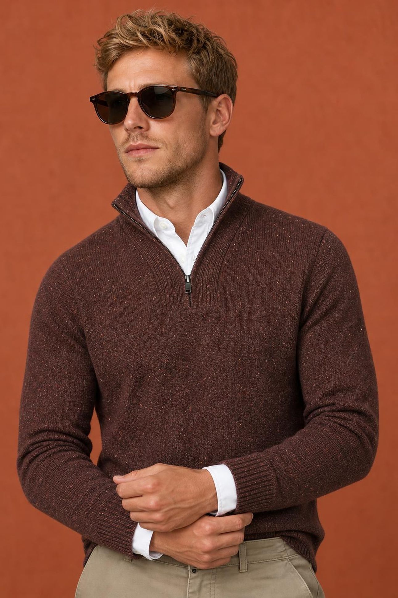 ZIP MOCK FISHERMANS SWEATER CHOCOLATE BROWN 5
