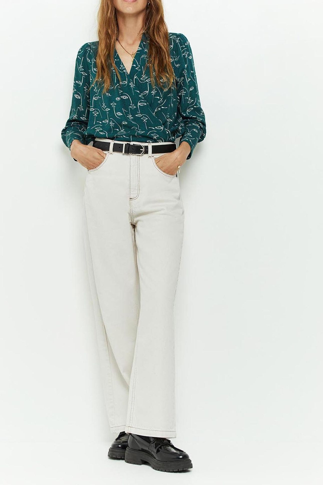 CINNAMON _ CEDAR GREEN BLOUSE WITH FACE PRINT 3