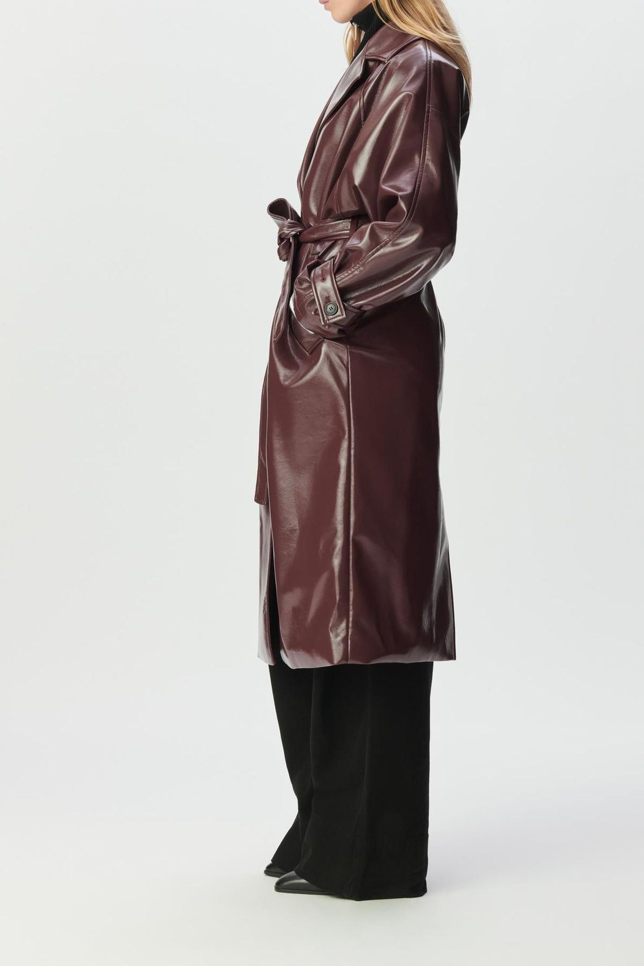BURGUNDY VINYL-STYLE LONG TRENCH COAT 3