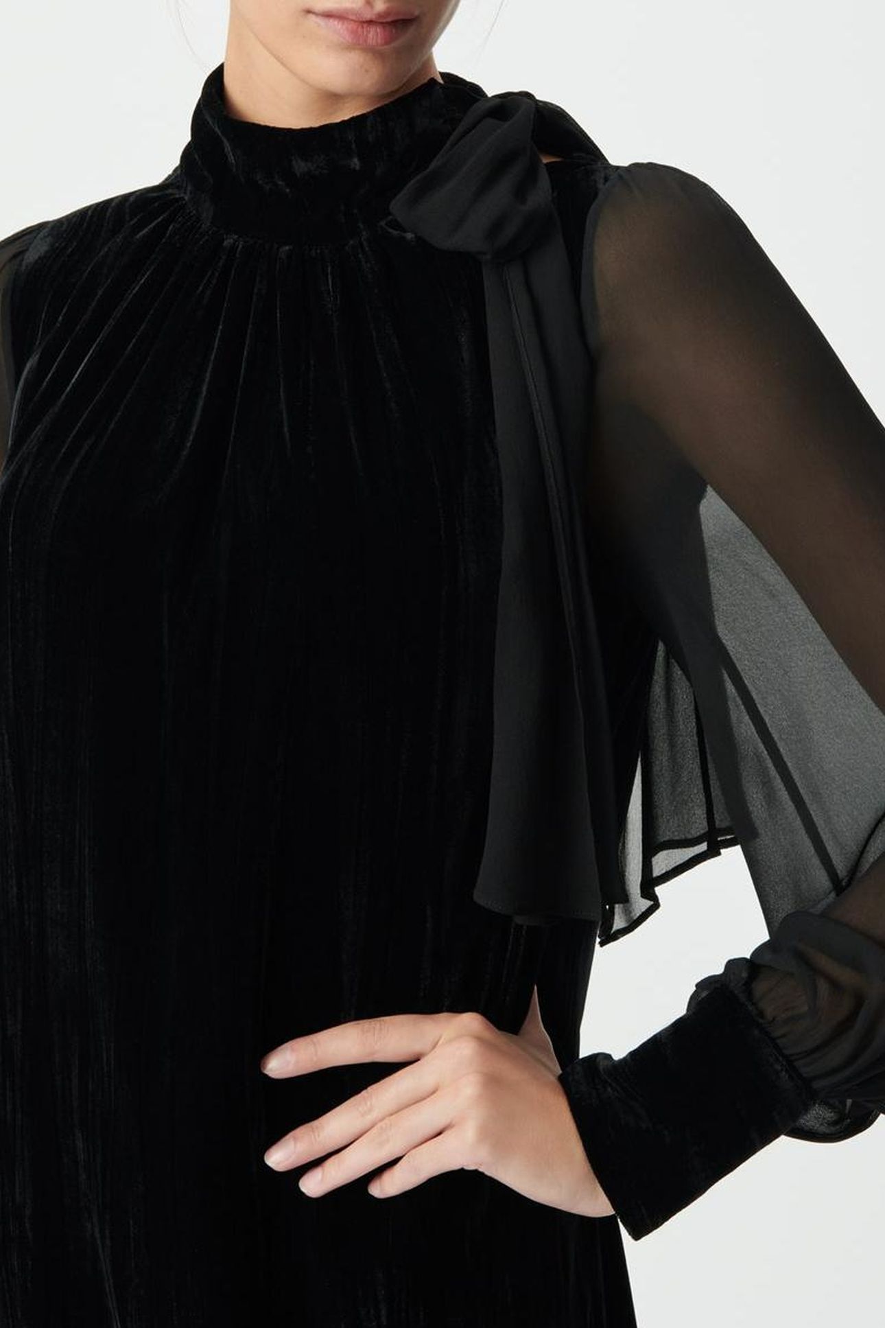 BLACK CRUSHED VELVET AND VOILE MIXED FABRIC DRESS 6
