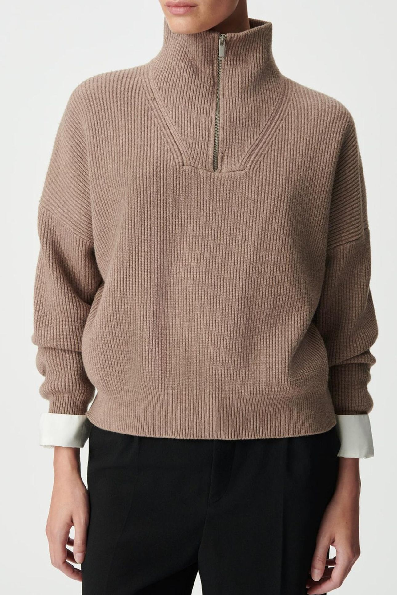 BEIGE RIB KNIT ZIP-NECK SWEATER 1