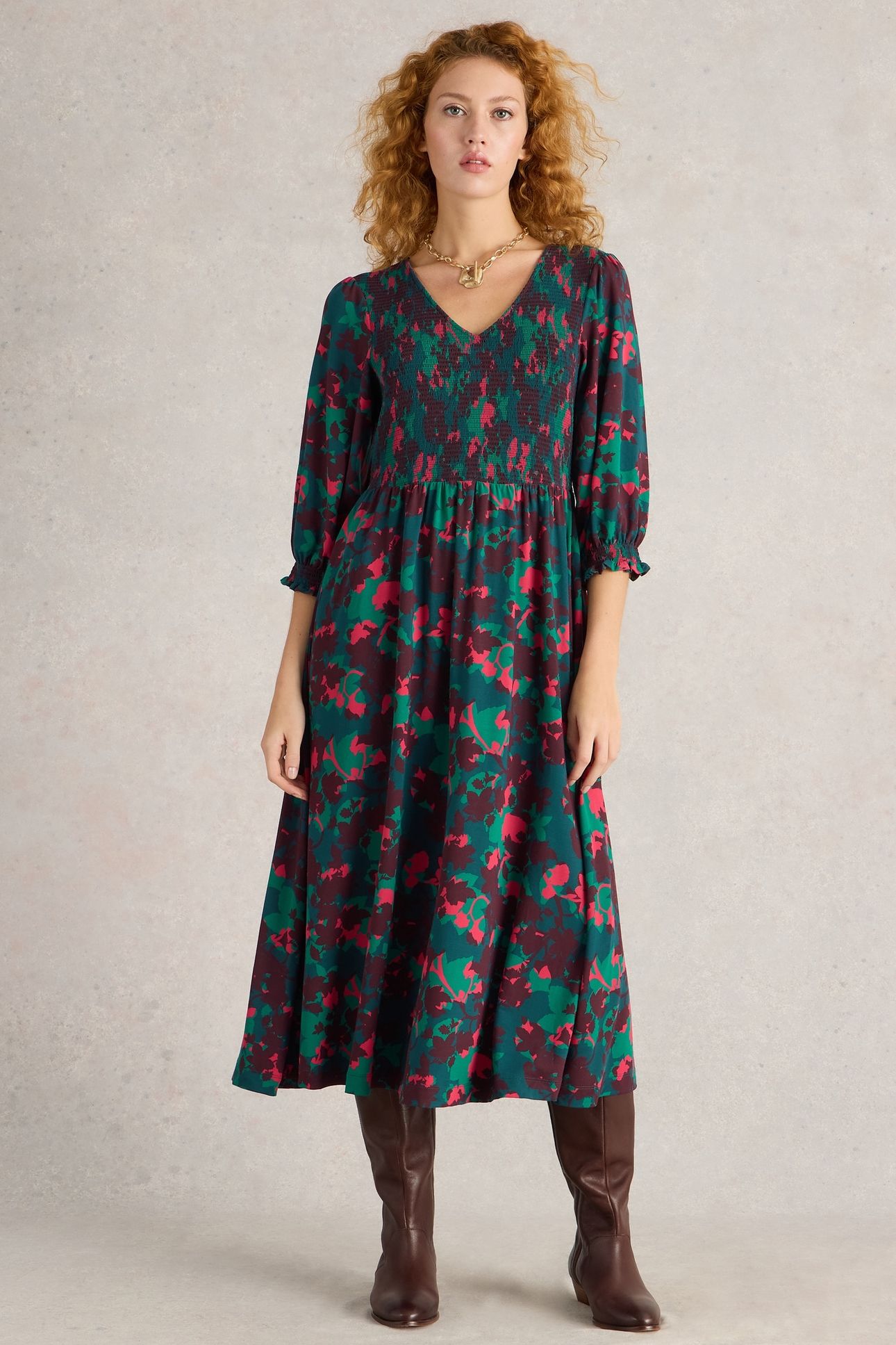 EMILY SHIRRED JERSEY DRESS PLUM MLT 2