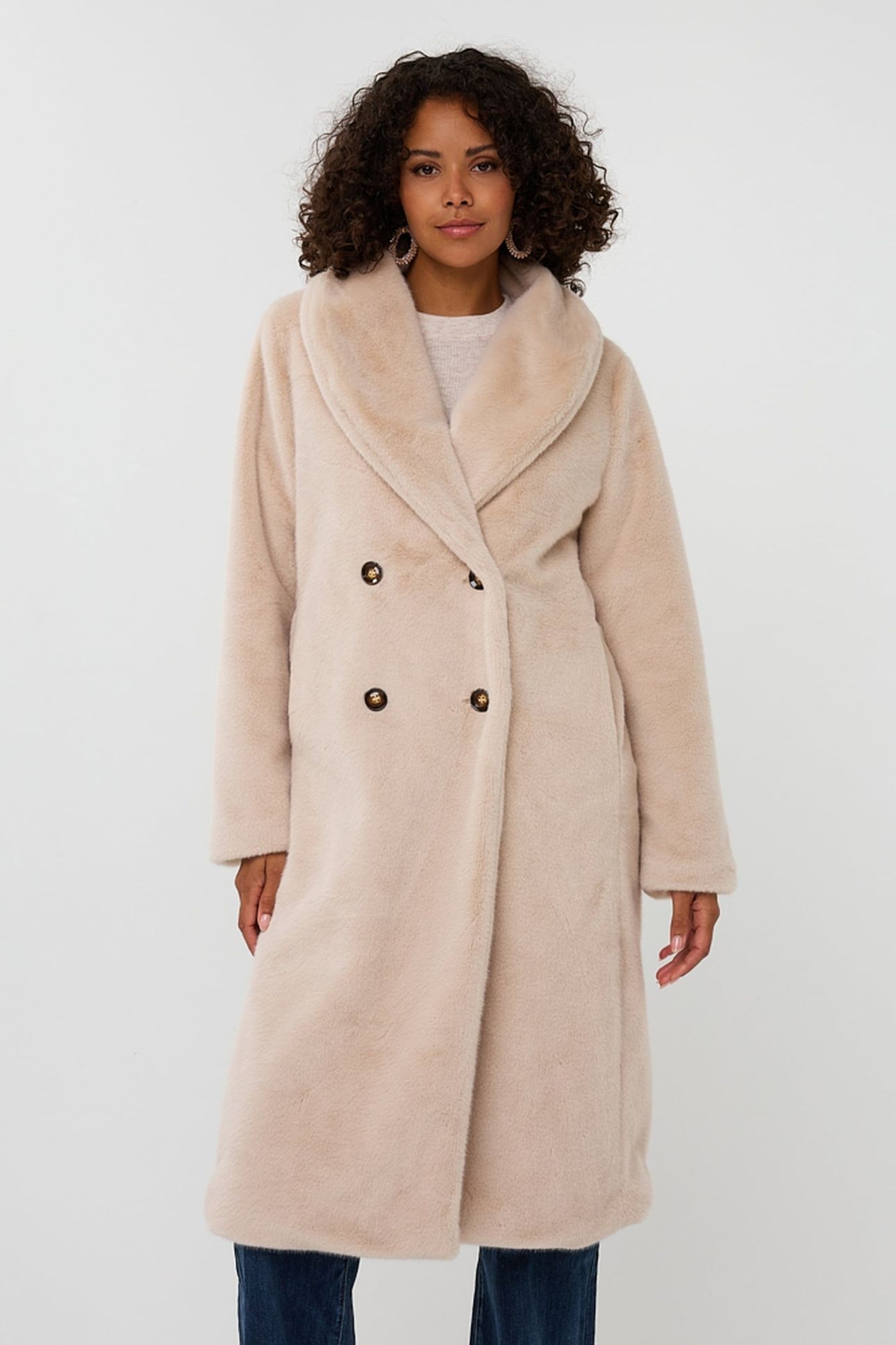 COAT SHAWL COLLAR FAKE FUR SAND 2
