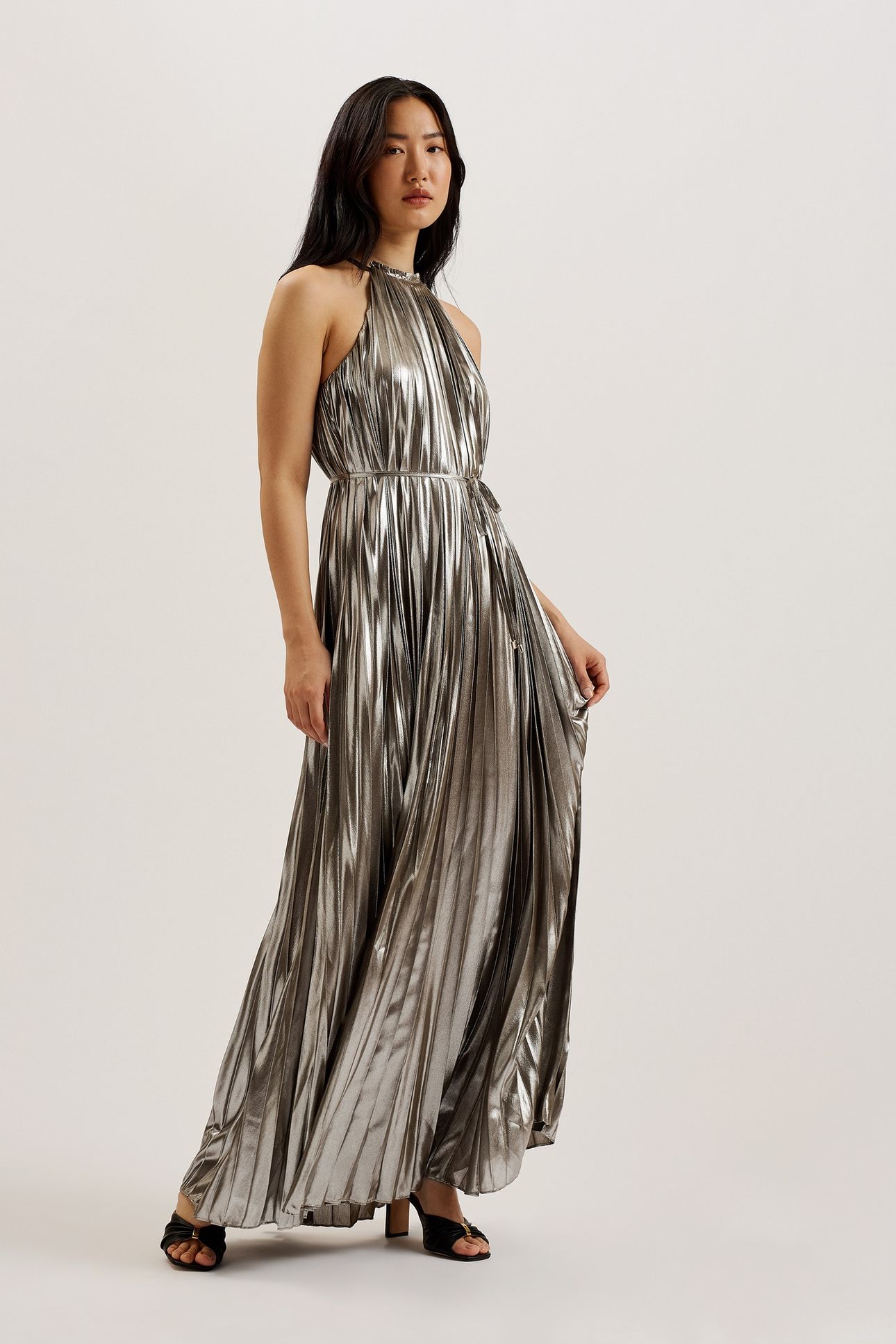 YALINA HALTER NECK MIDI DRESS SILVER 1