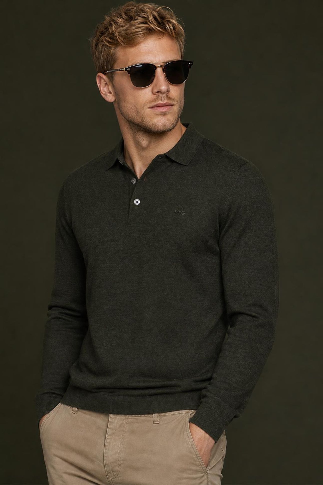 FINE MERINO L/S POLO DARK OLIVE 5