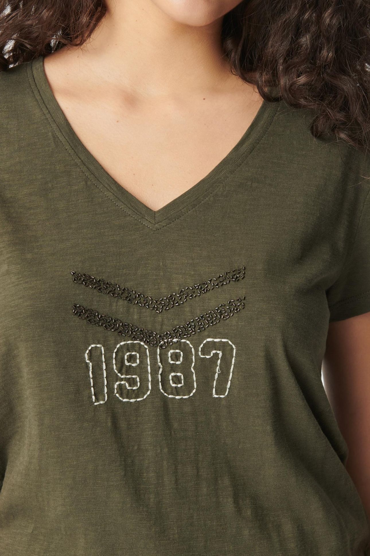 KHAKI ORGANIC COTTON T-SHIRT, EMBROIDERED CHEVRONS 6