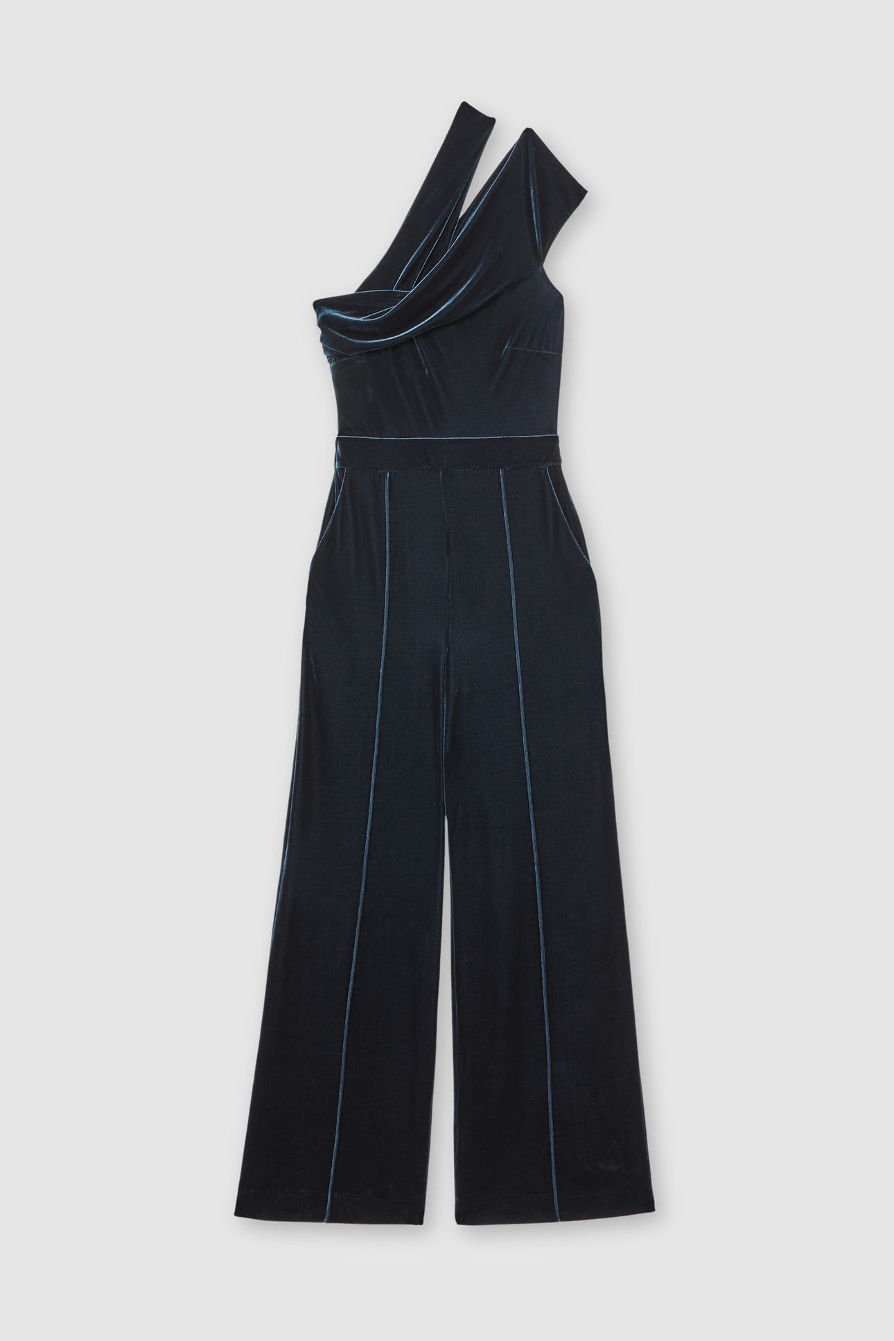 ONE SHOULDER VELVET JUMPSUIT TEAL GREEN 3