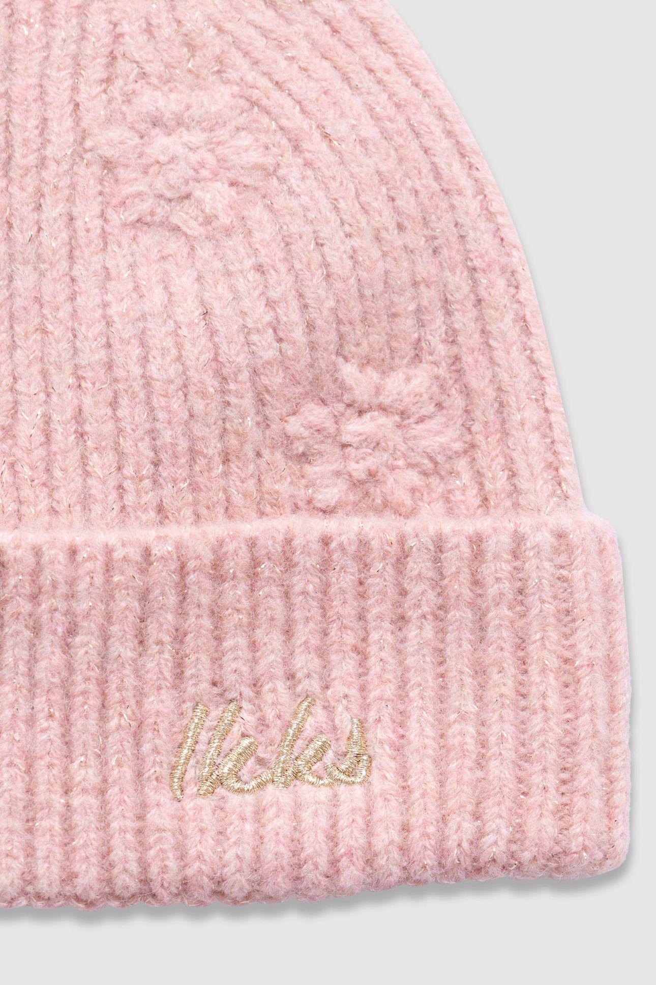 GIRLS’ PINK GLITTERY KNIT BEANIE WITH FLOWER EMBROIDERY 3