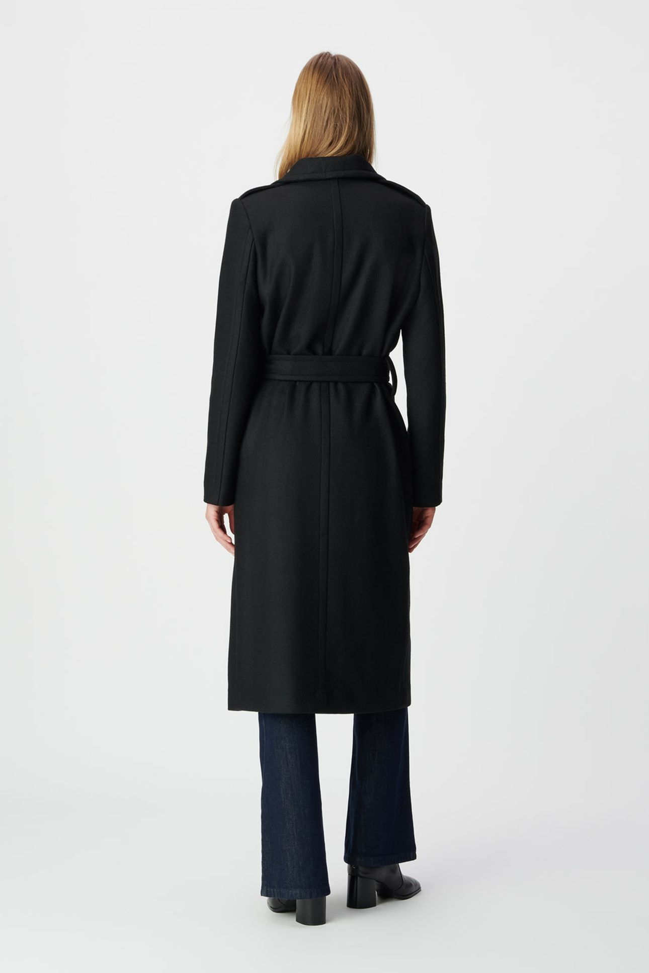 BLACK WOOLCLOTH BELTED PEA COAT-STYLE LONG COAT 2