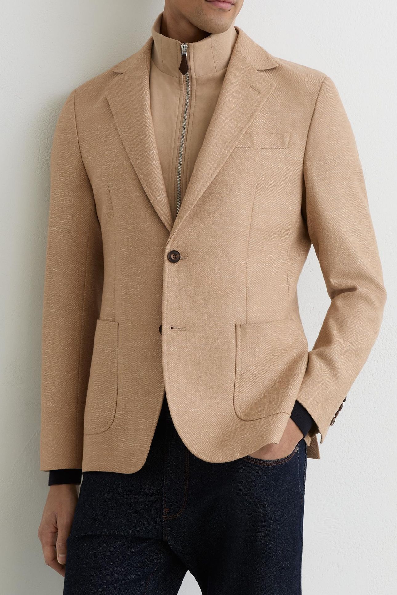 SB HERRINGBONE SUEDE INSERT GILET BLAZER CAMEL 3