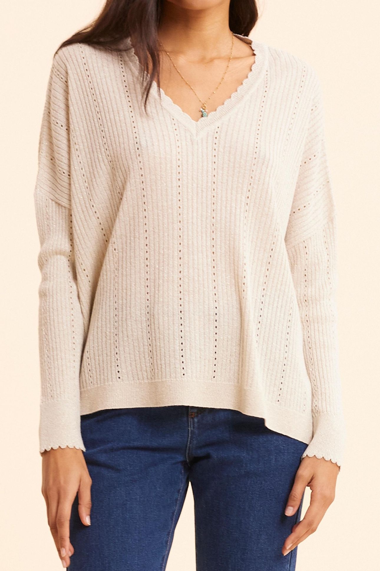 GOLD LUREX OPENWORK RIBBED KNIT SWEATER 1