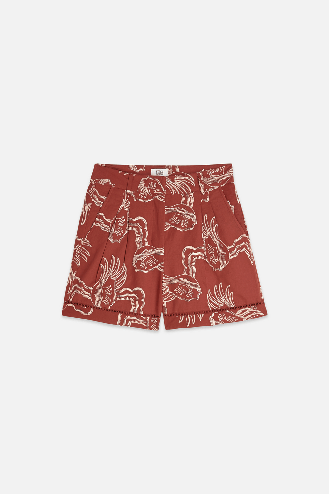 EMBROIDERED LINEN BLEND SHORTS BURNT HENNA 4