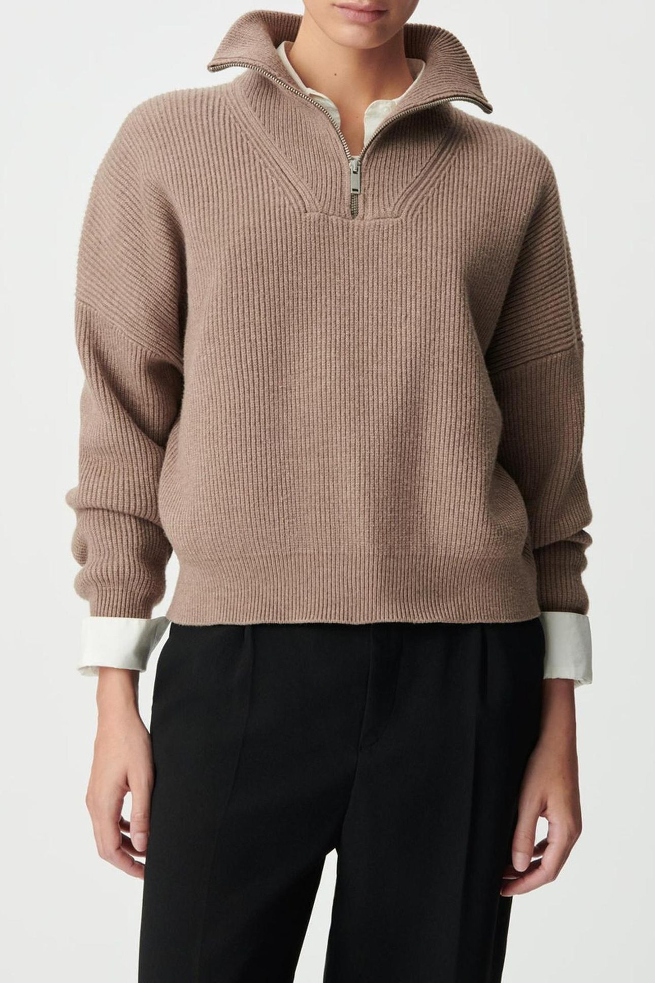 BEIGE RIB KNIT ZIP-NECK SWEATER 4