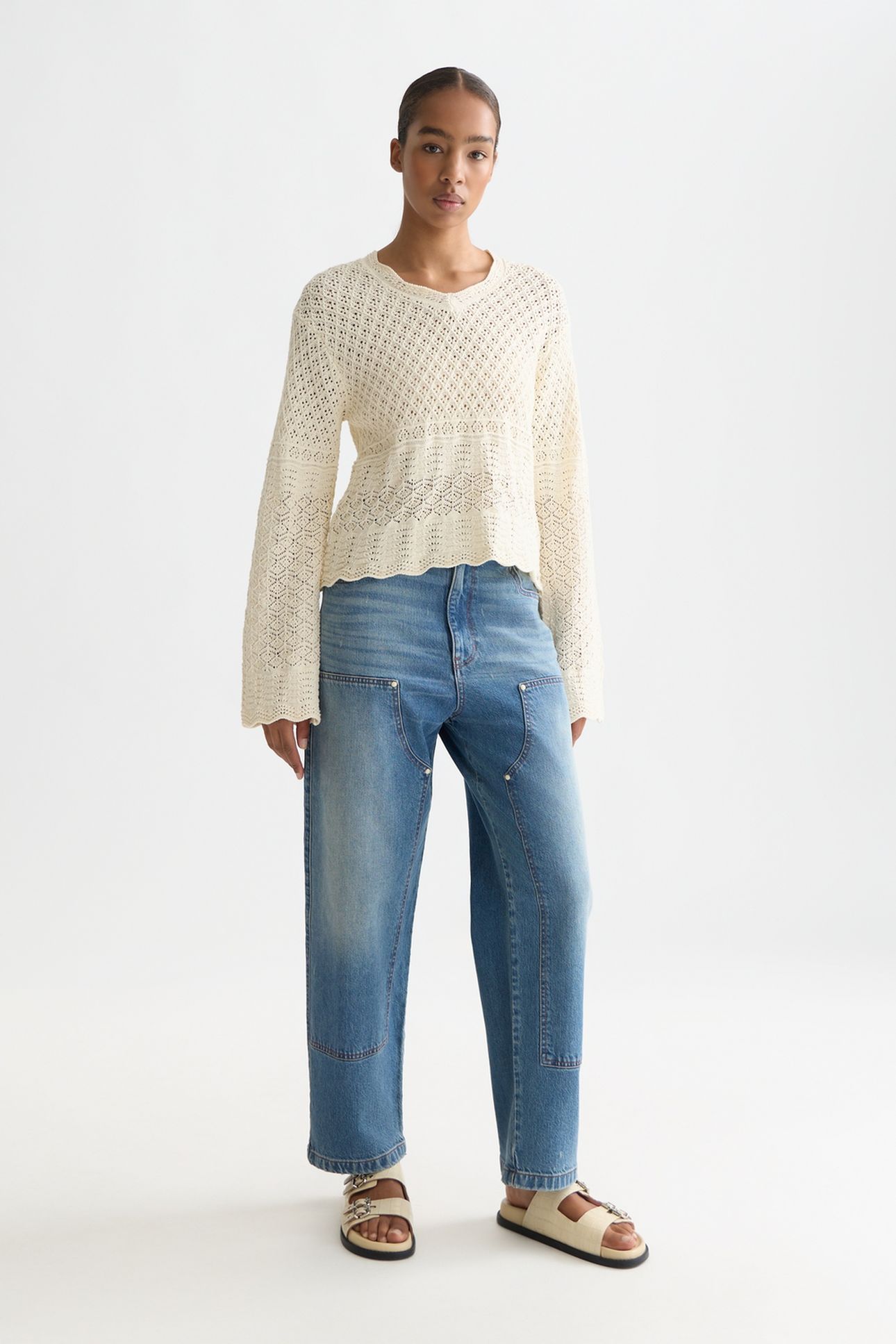 POINTELLE STITCH V NECK PULLOVER EGGNOG 3