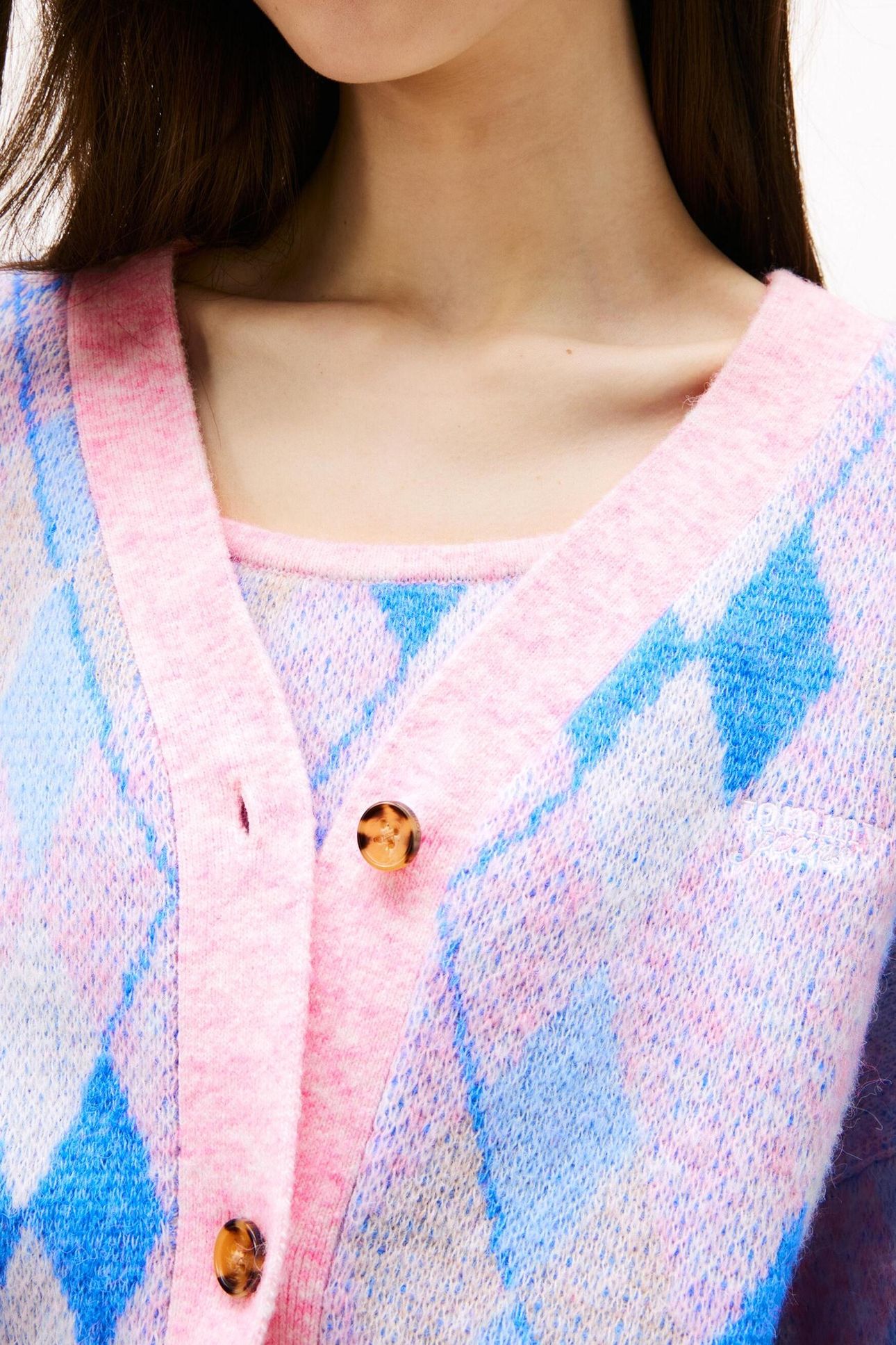 TJW CROP ARGYLE CARDIGAN CARNIVAL PINK/MULTI 6