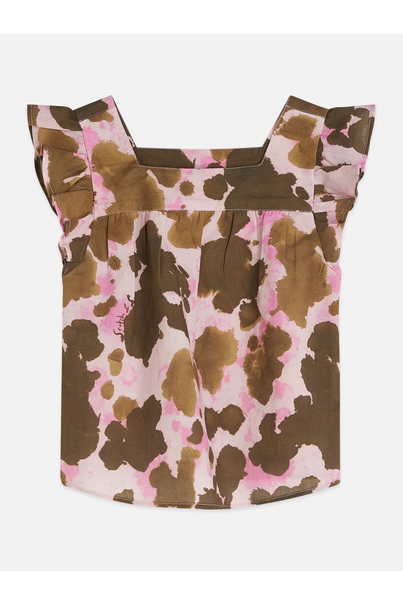 GIRLS PRINTED RUFFLE SLEEVE LINEN TOP MEDIUM BROWN 2