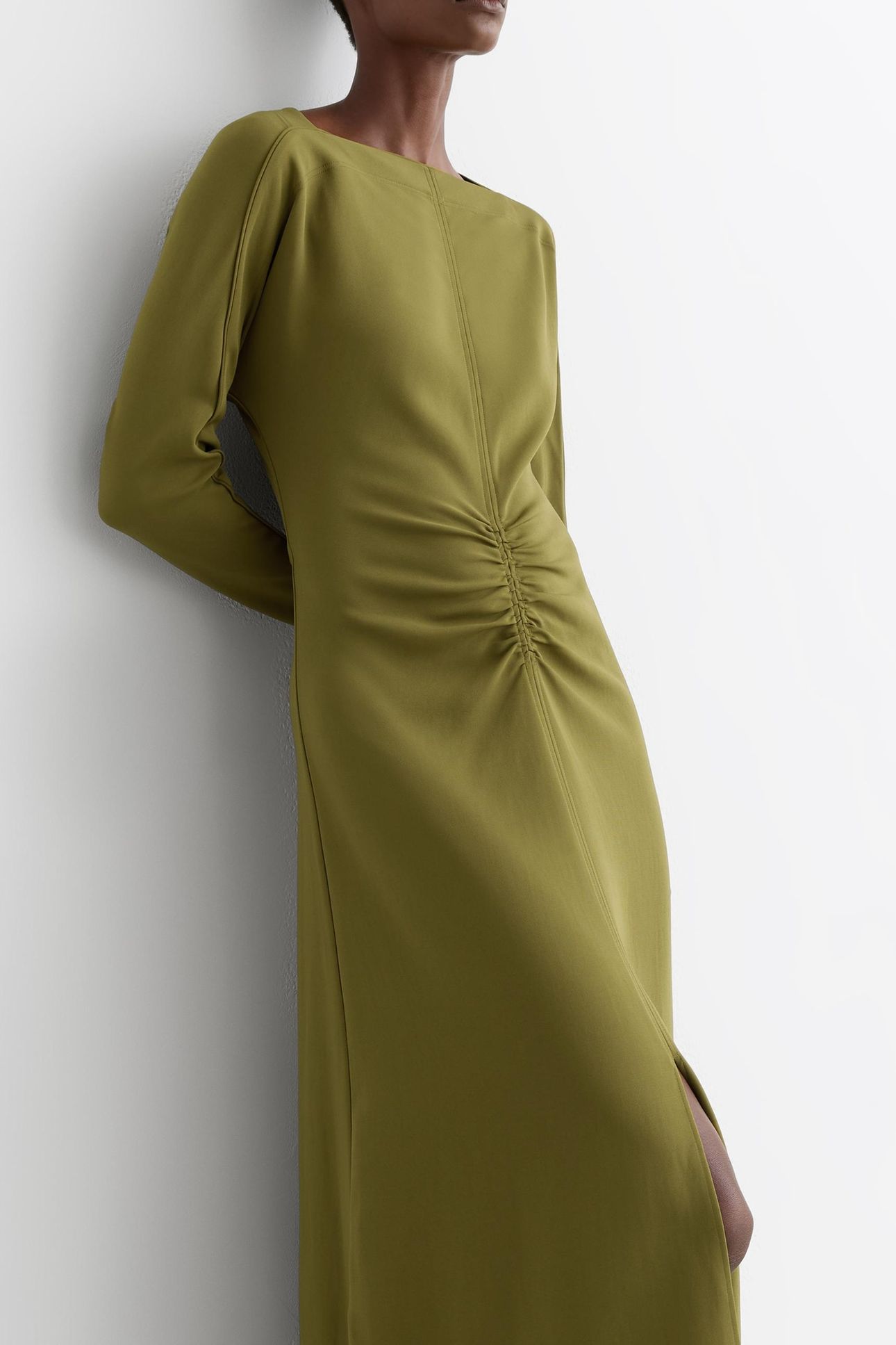 RUCHED LONGSLEEVE MIDI DRESS CHARTREUSE GREEN 4
