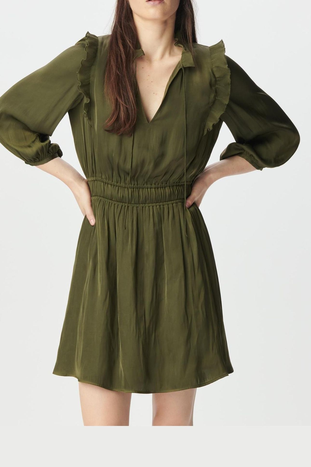 KHAKI CRUSHED SATIN DRESS WITH PLEATED RUFFLES 1