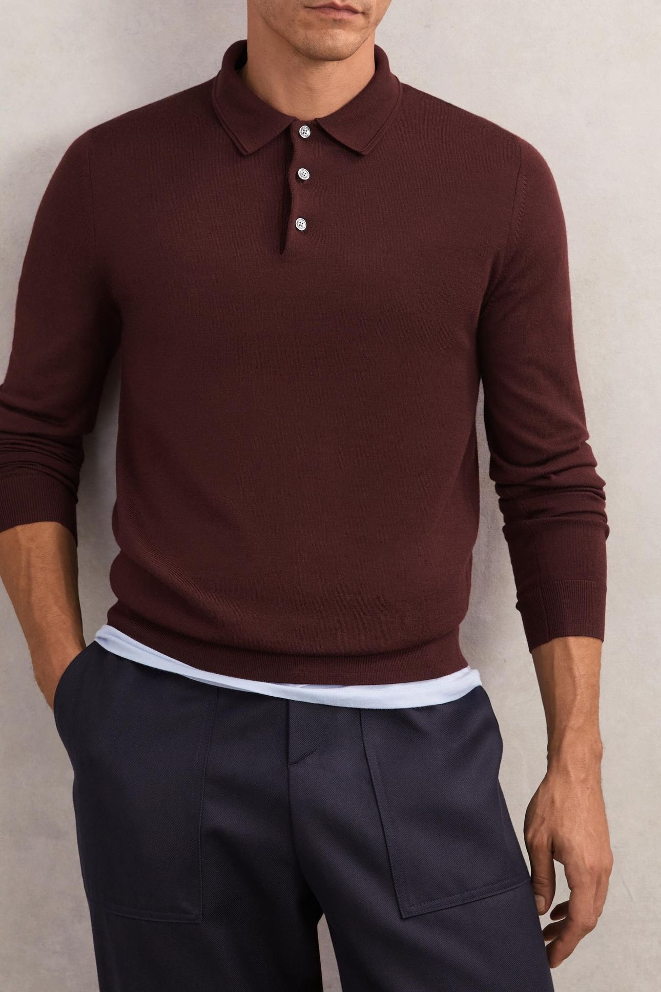 LS HALF BUTTON MERINO WOOL POLO PORT RED 1