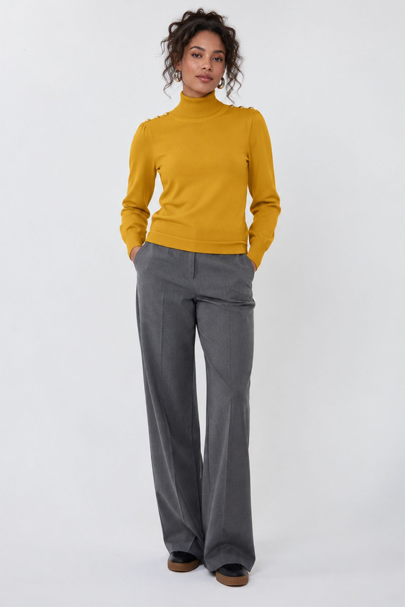 SWEATER SHLDR BUTTON COL BASIC KNIT GOLDEN OLIVE 1