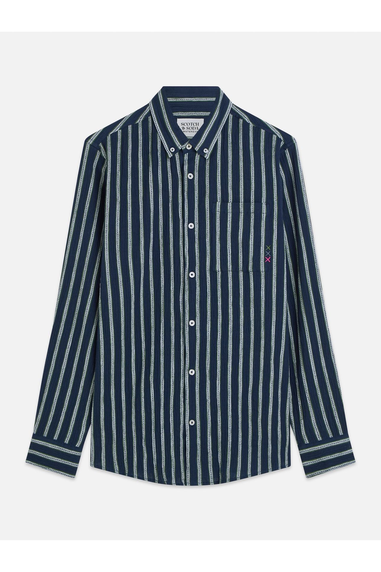 STRIPED CRINKLE STRUCTURE REGULARFIT SHIRT DARK GREEN 1