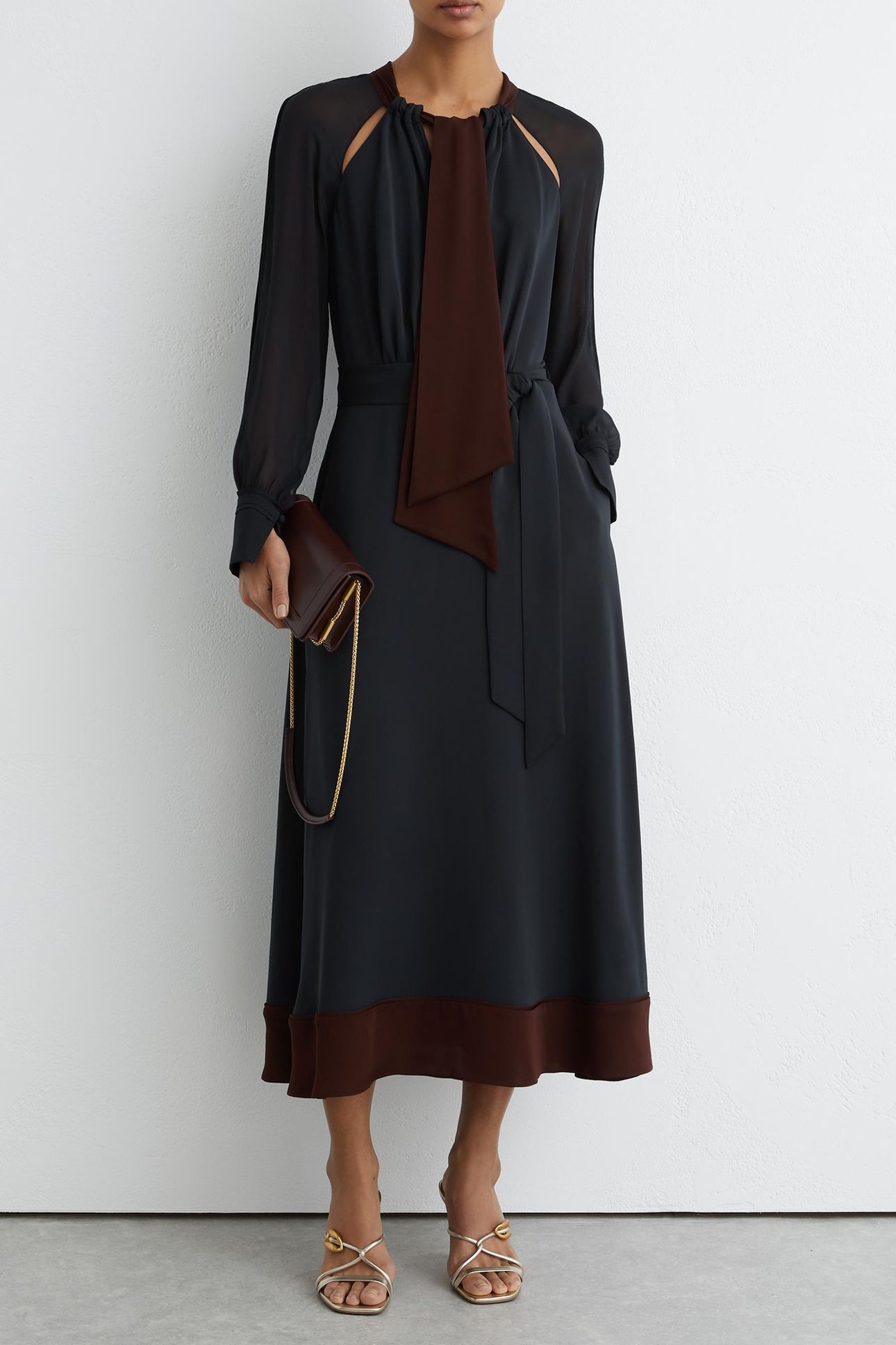 TIE NECK MIDI DRESS NAVY/BURGUNDY 1