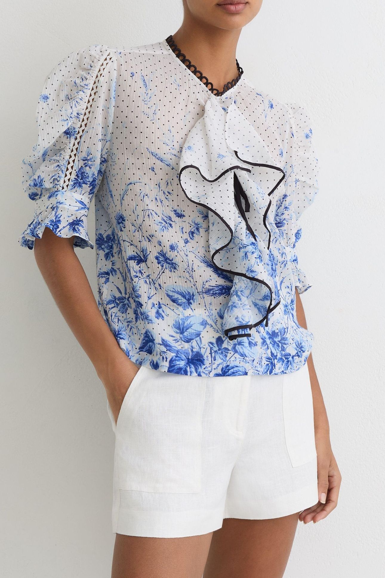 RUFFLE PRINTED BLOUSE IVORY/BLUE 2