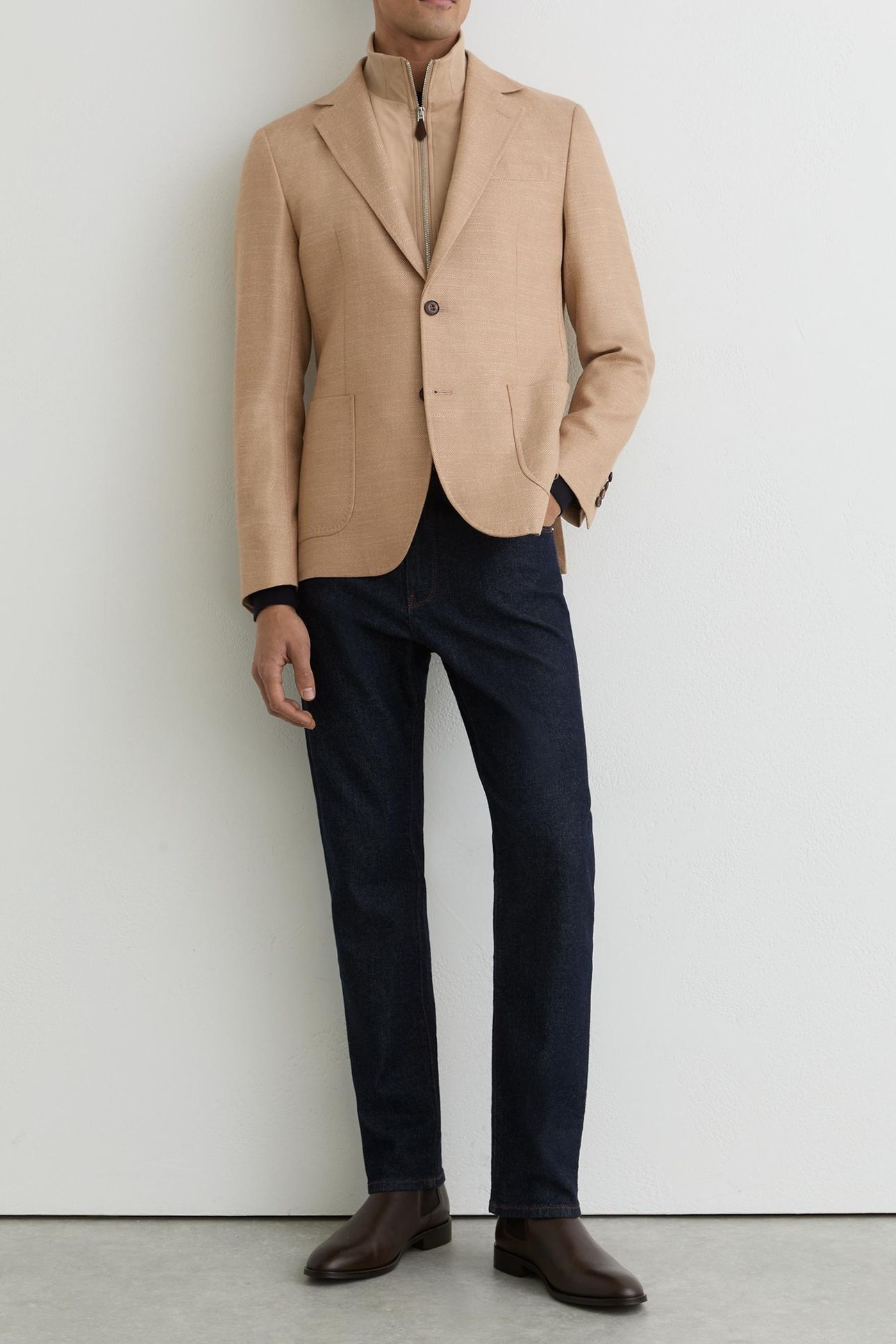 SB HERRINGBONE SUEDE INSERT GILET BLAZER CAMEL 2