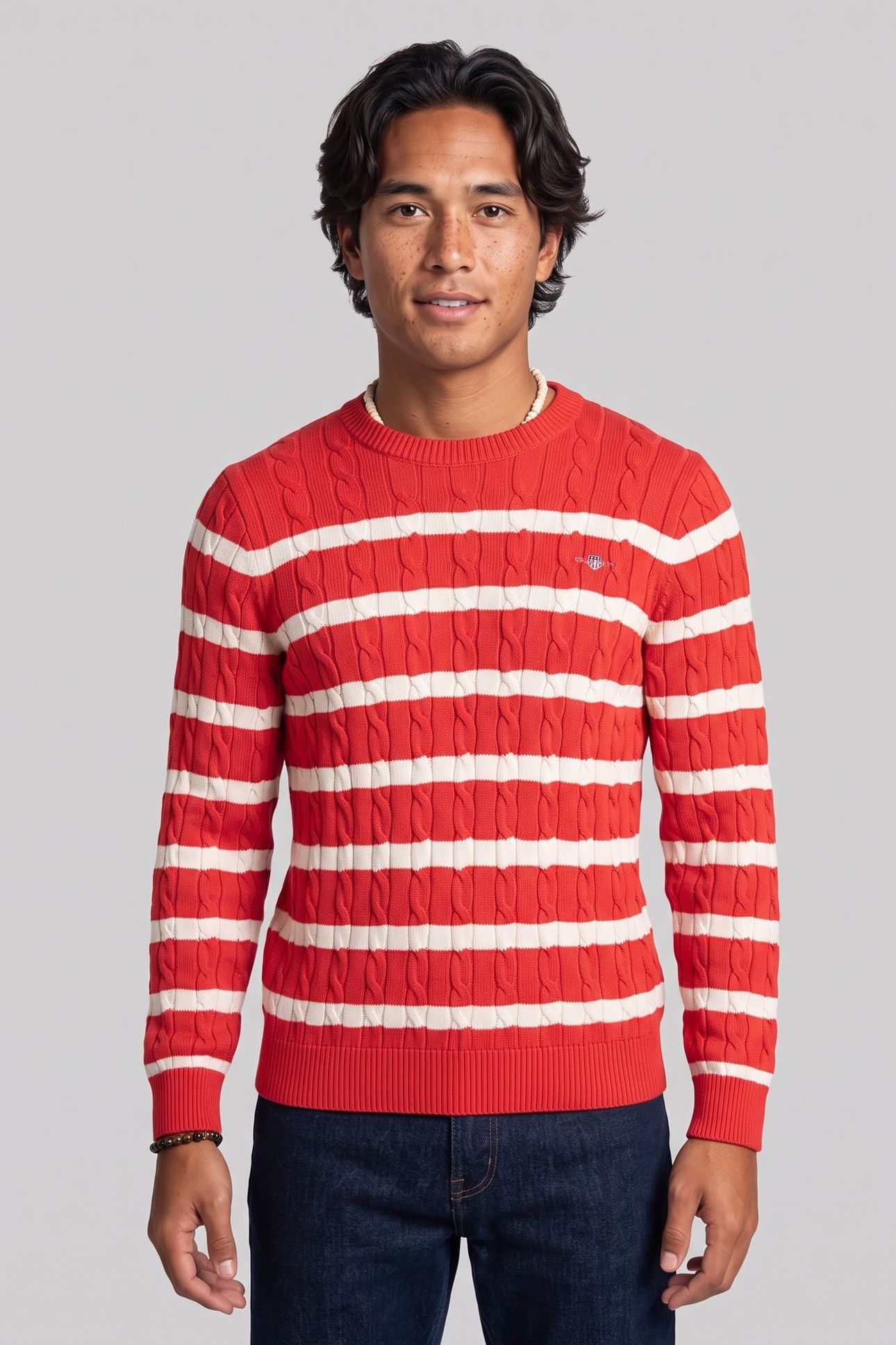 STRIPED COTTON CABLE C-NECK ROSE RED 1