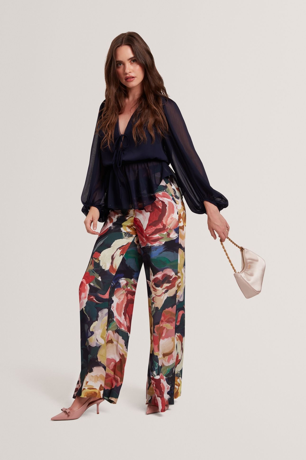 PRINTED TIE FRONT BALLOON SLEEVE BLOUSE NAVY 1