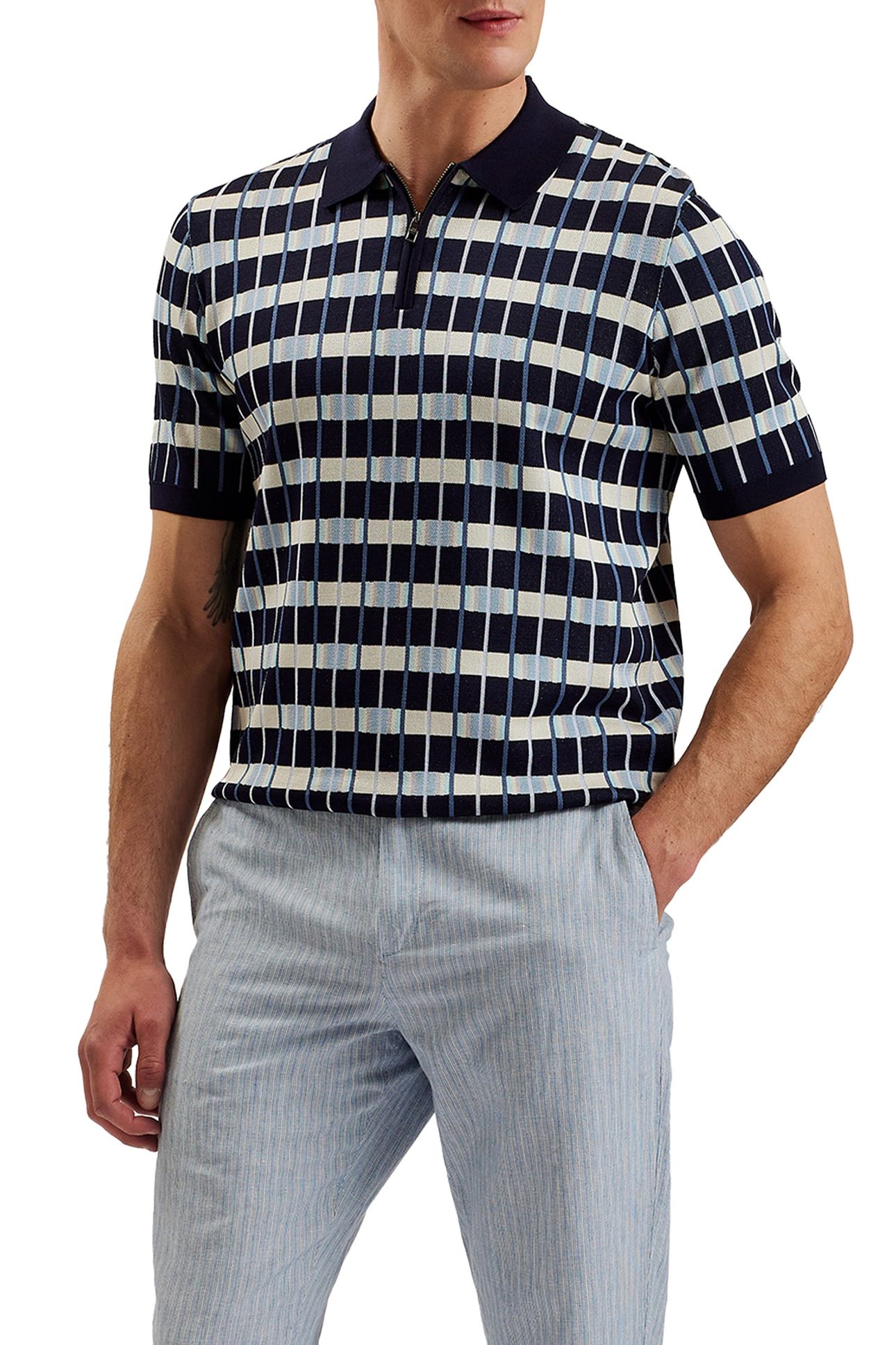 AIRON SS REGULAR ZIP NECK JACQUARD NAVY 1