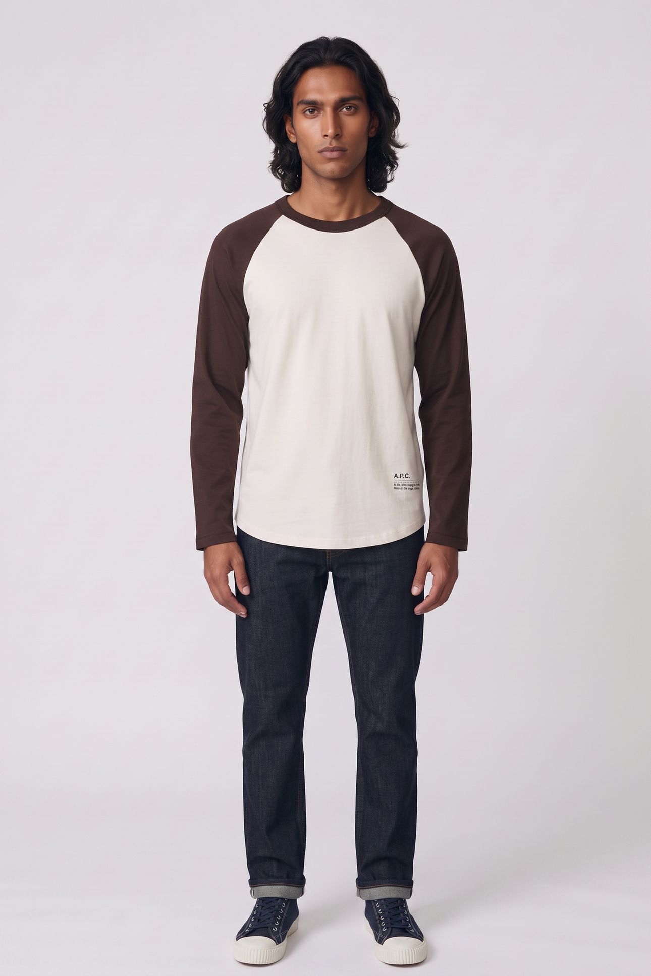 UNISEX T-SHIRT 3/4 SLEEVE CONTRAST BEIGE/BROWN 3