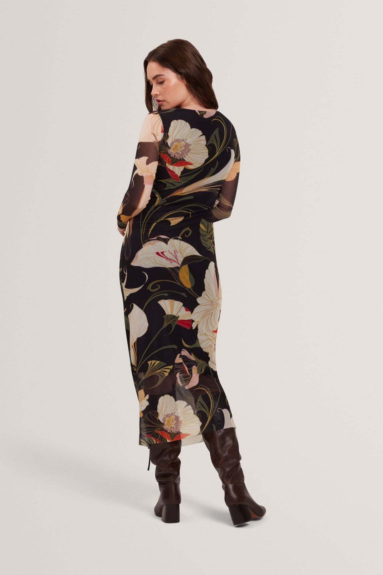 PRINTED MESH BODYCON GATHERED MIDI DRESS BLACK 2