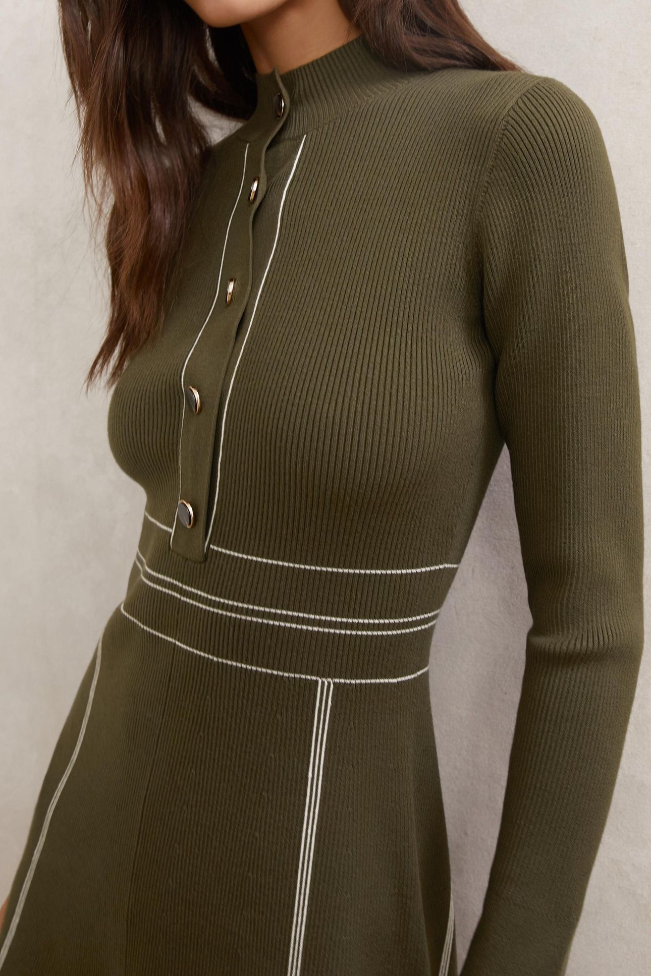 STITCH DETAIL MINI DRESS KHAKI GREEN 5