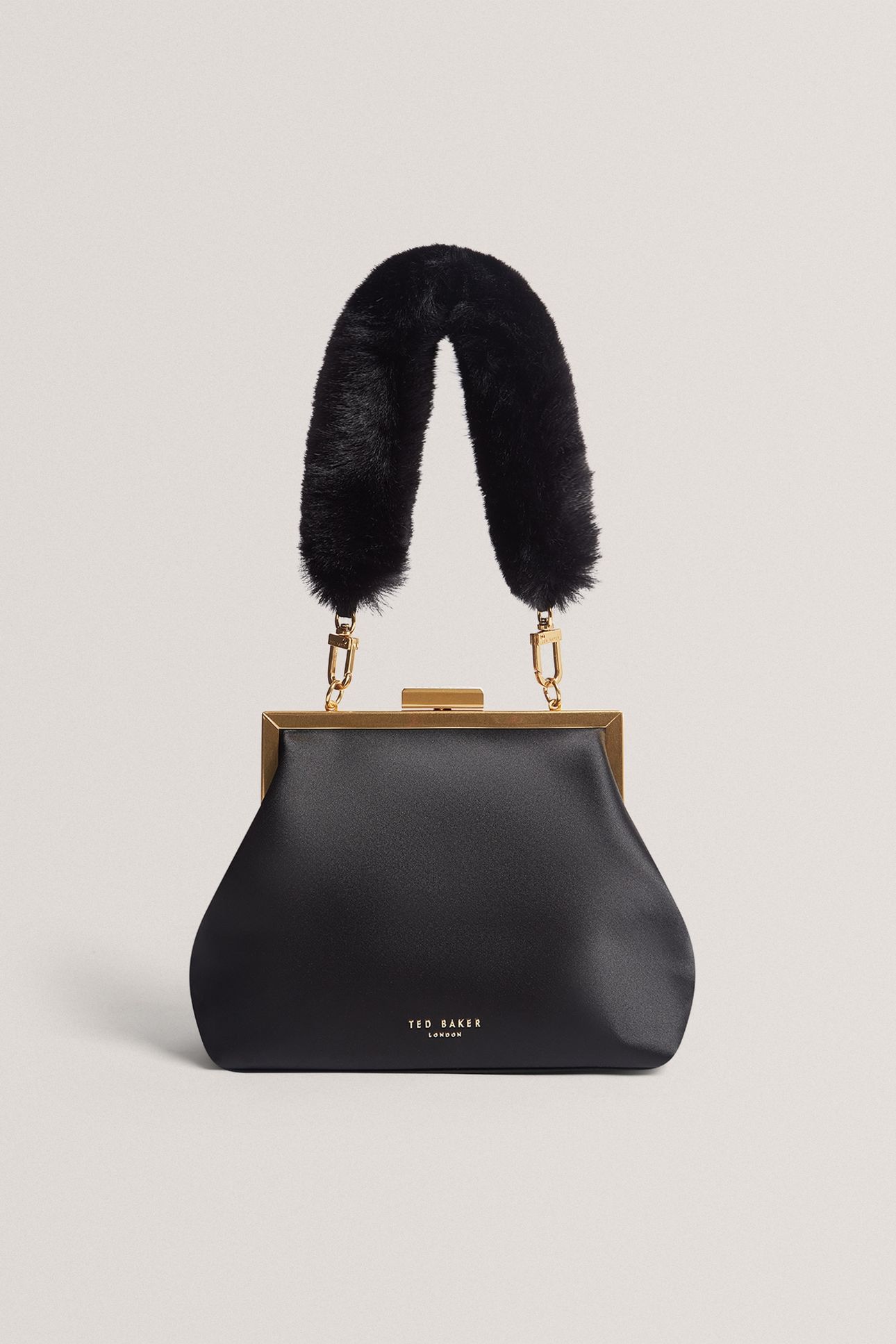 SATIN FUR HANDLE CLUTCH BAG BLACK 1