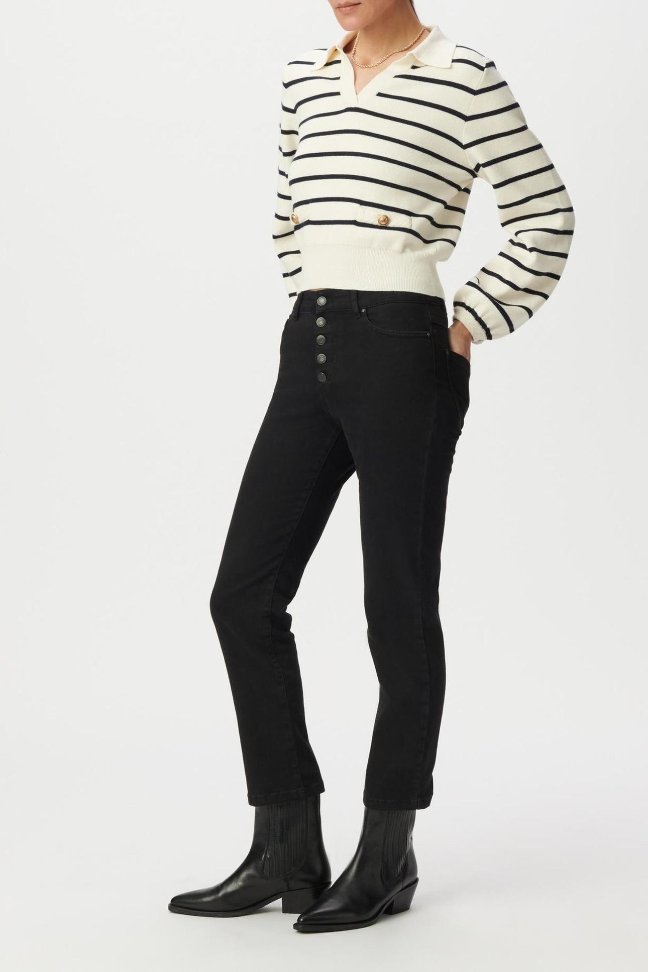 WHITE KNIT SAILOR-STRIPE SWEATER, POLO SHIRT NECK 1