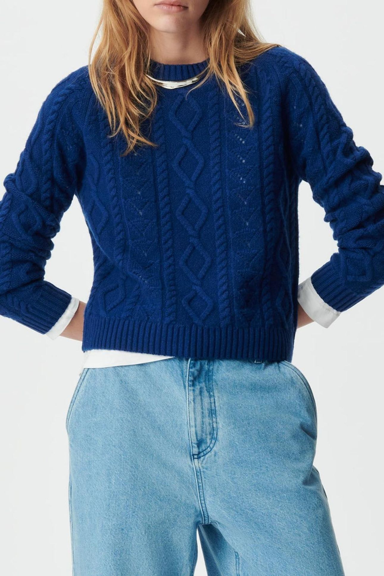 BLUE PURE WOOL SHORT SWEATER, DECORATIVE STITCH 4