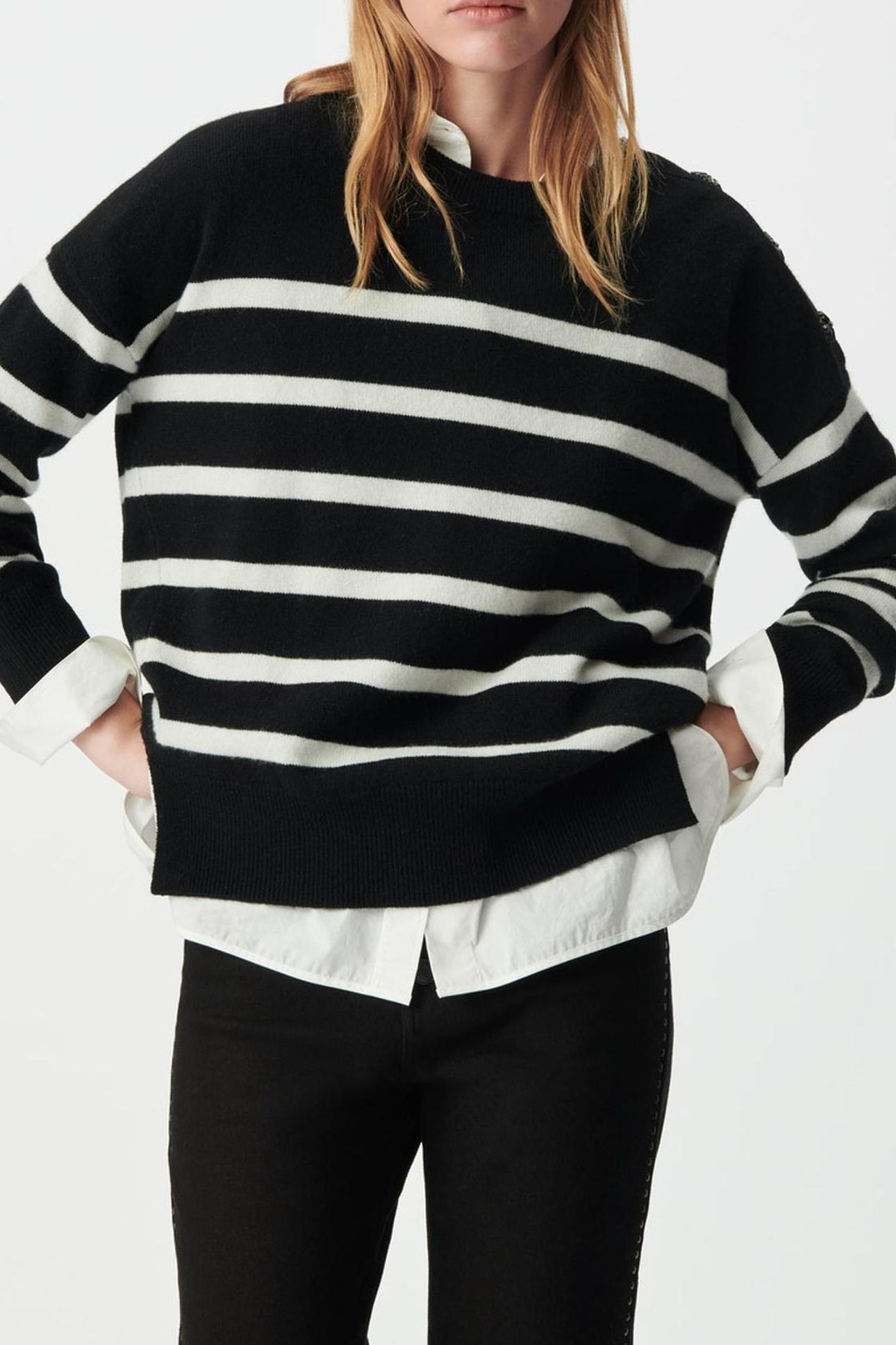 BLACK ECRU PURE WOOL SAILOR SWEATER, BUTTONS 1