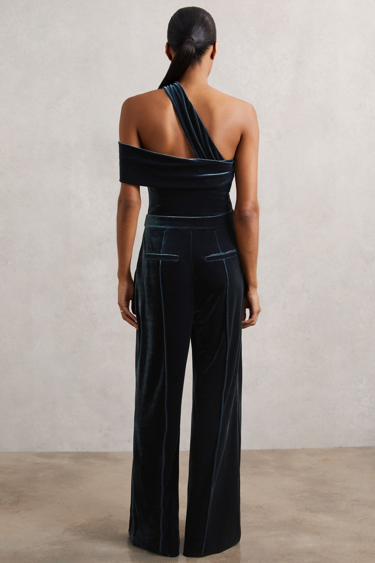 ONE SHOULDER VELVET JUMPSUIT TEAL GREEN 1