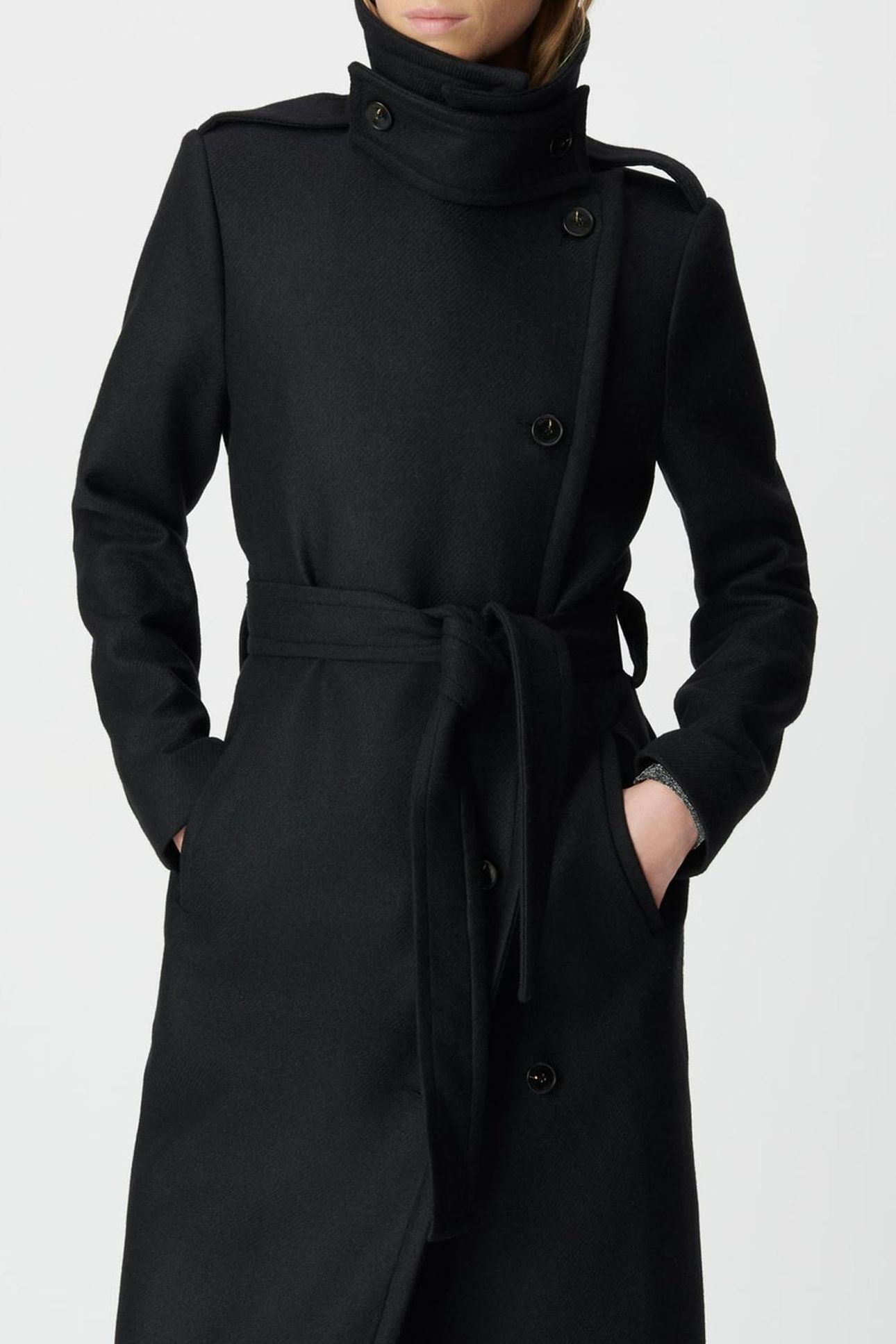 BLACK WOOLCLOTH BELTED PEA COAT-STYLE LONG COAT 3