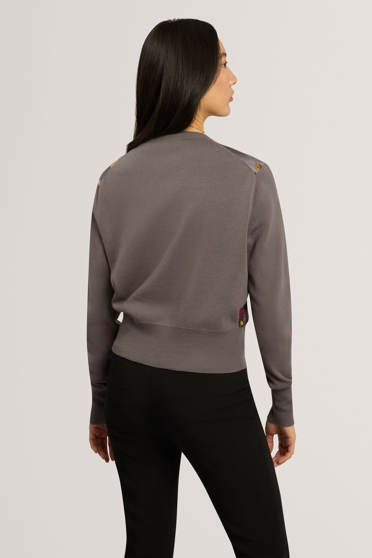FLORAL PRINTED WOVEN FRONT CARDIGAN MID-GREY 2