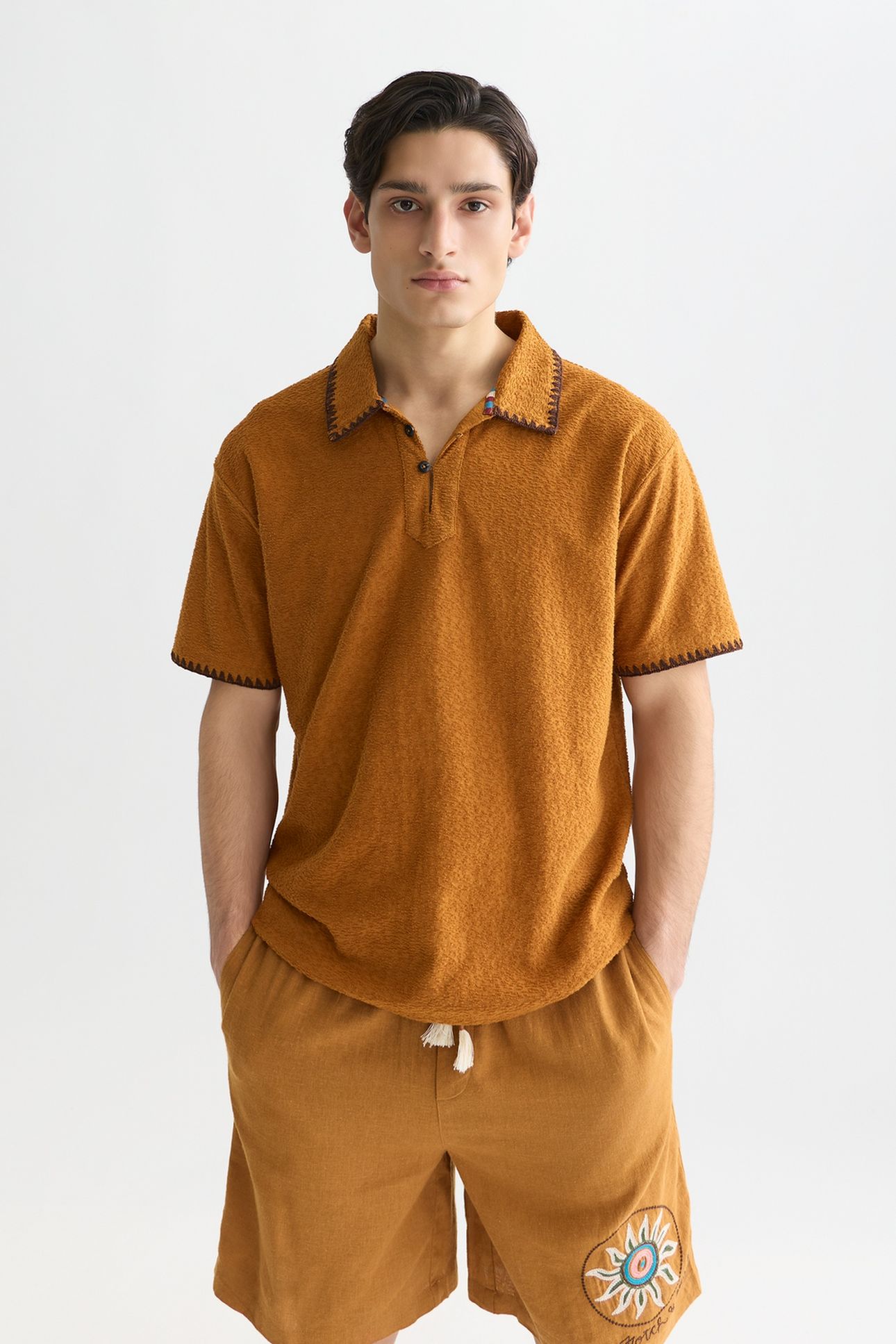RELAXEDFIT JACQUARD TOWELLING POLO MEDIUM BROWN 1