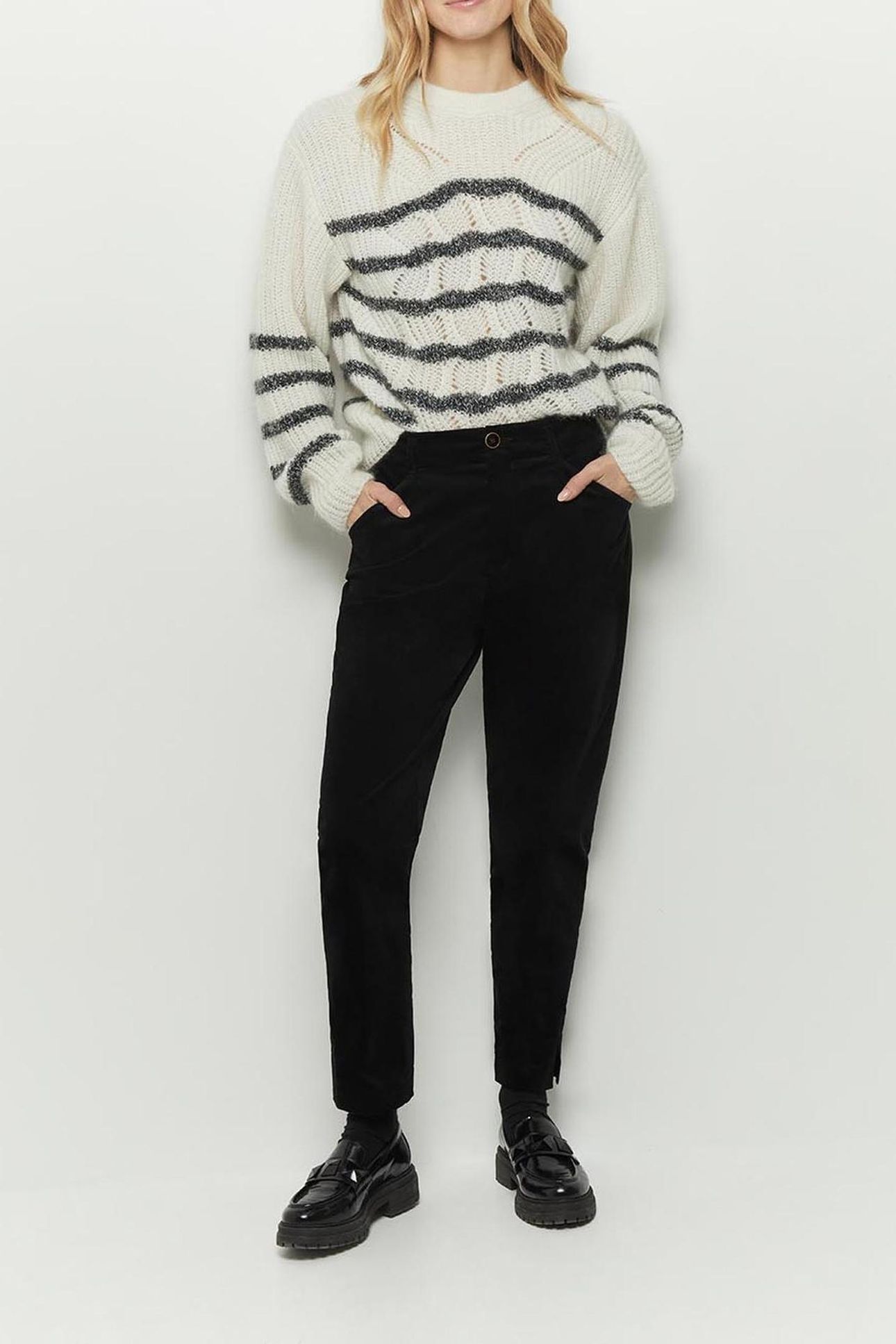 TALIA _ ECRU OPENWORK KNIT SWEATER WITH NAVY STRIPES 1