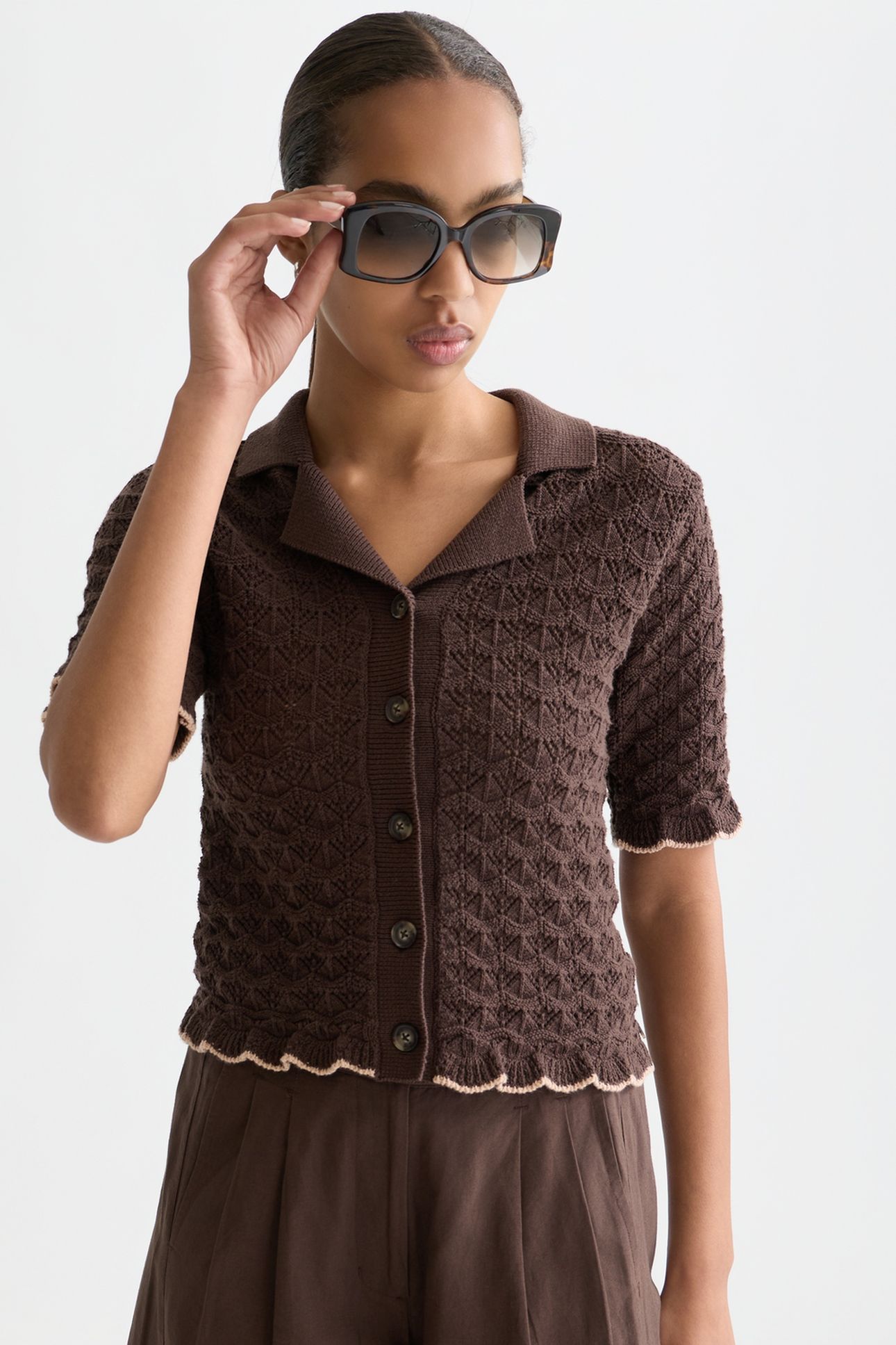 POINTELLE SHORT SLEEVE CARDIGAN HOT FUDGE 6