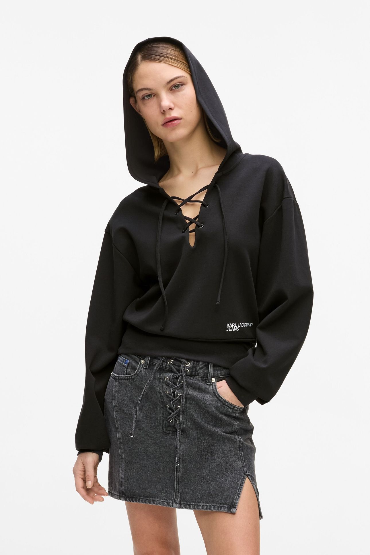 KLJ LACE TIE UP HOODIE BLACK 1